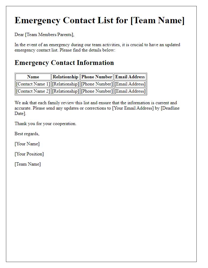 Letter template of emergency contact list communication for sports teams.