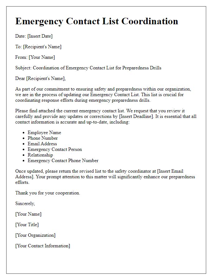 Letter template of emergency contact list coordination for emergency preparedness drills.