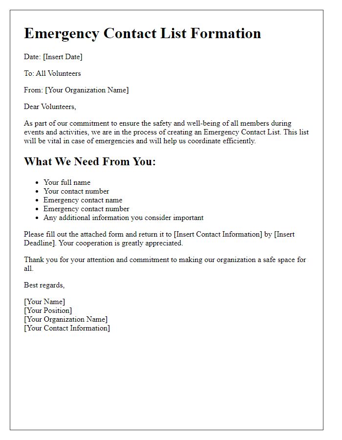 Letter template of emergency contact list formation for volunteer organizations.