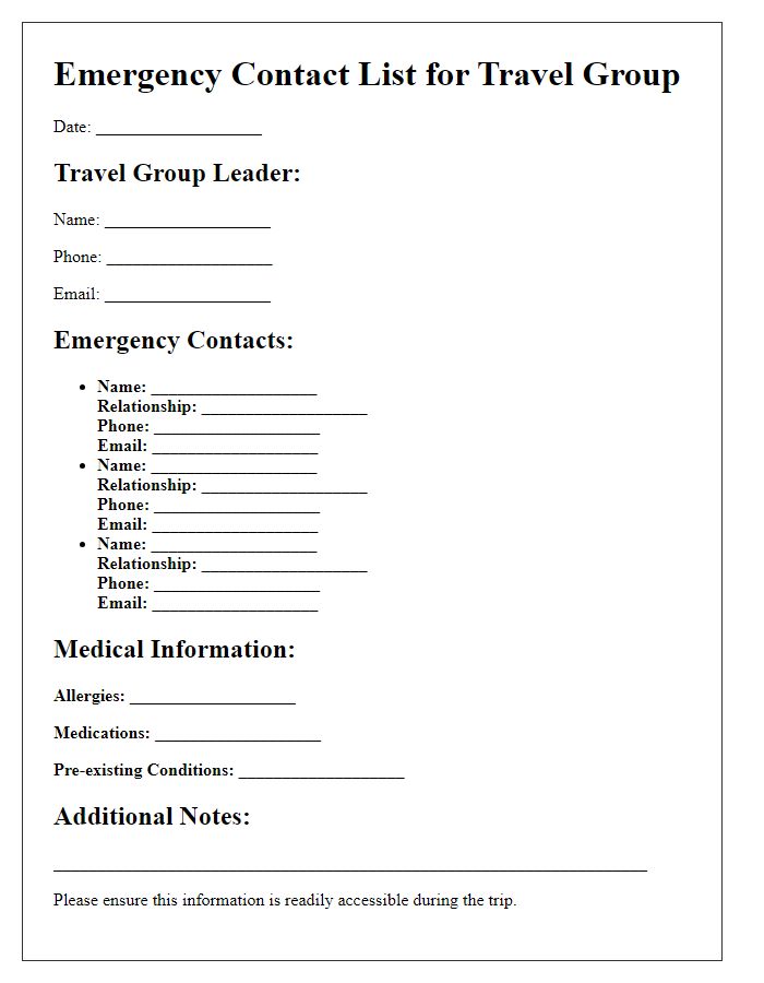 Letter template of emergency contact list preparation for travel groups.