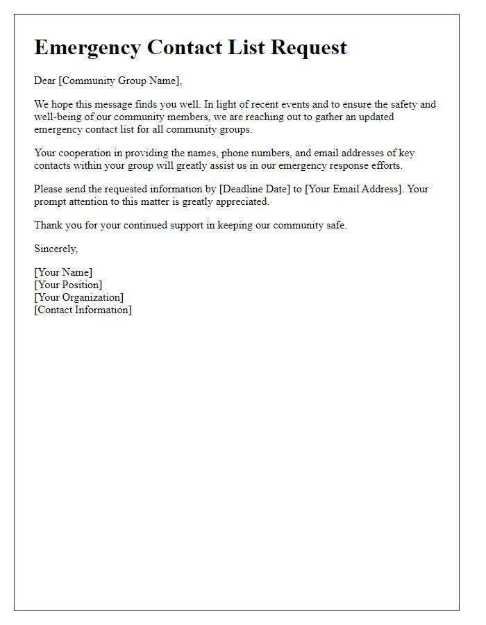 Letter template of emergency contact list request for community groups.