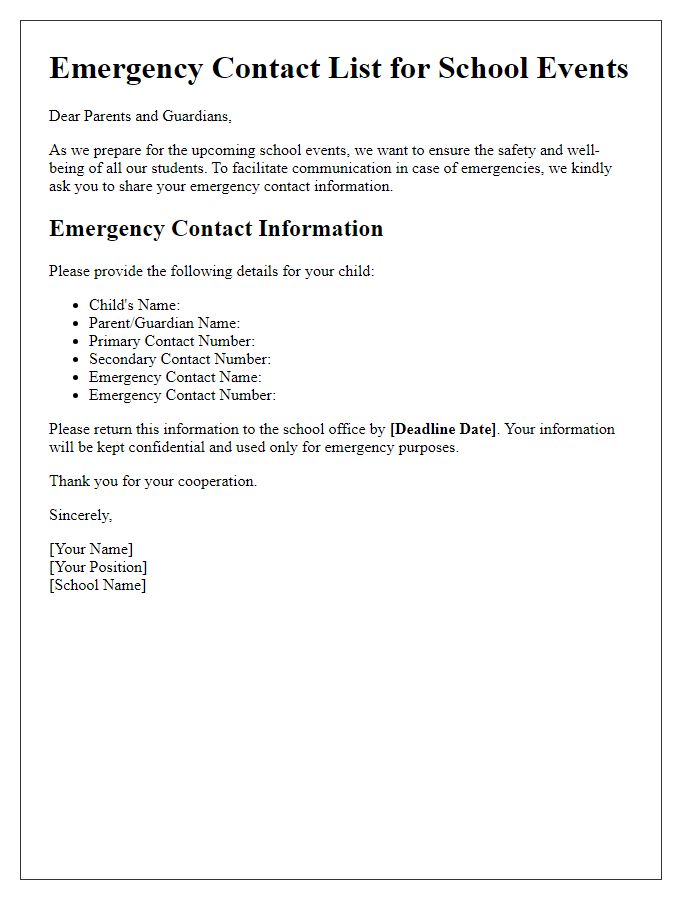 Letter template of emergency contact list sharing for school events.