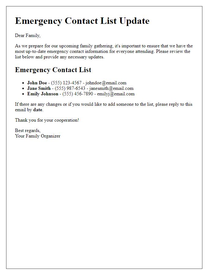 Letter template of emergency contact list update for family gatherings.