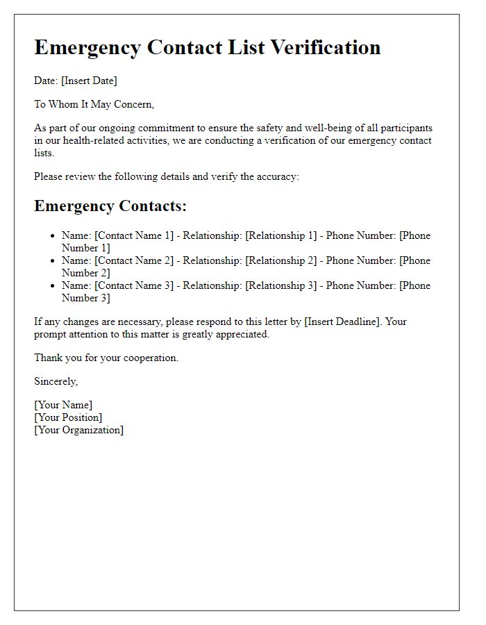 Letter template of emergency contact list verification for health-related activities.