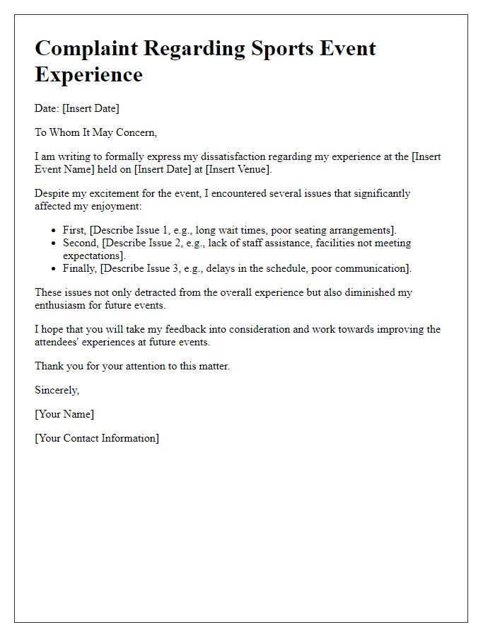 Letter template of sports event experience complaint