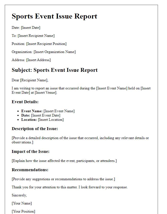 Letter template of sports event issue report