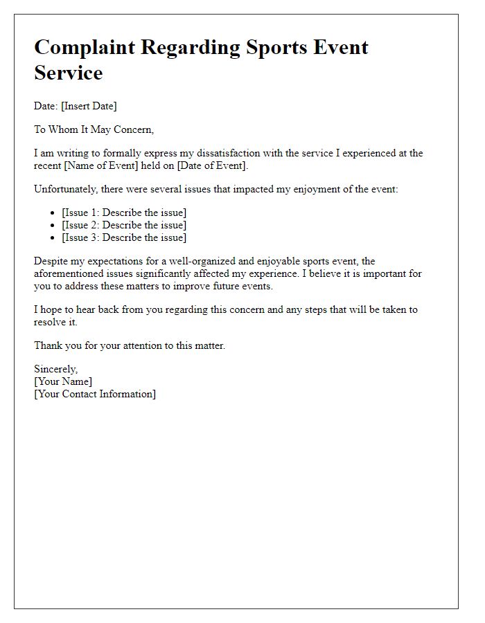 Letter template of sports event service complaint