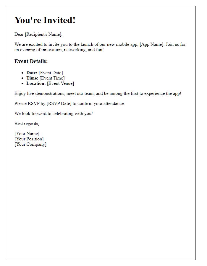 Letter template of event mobile app launch invitation