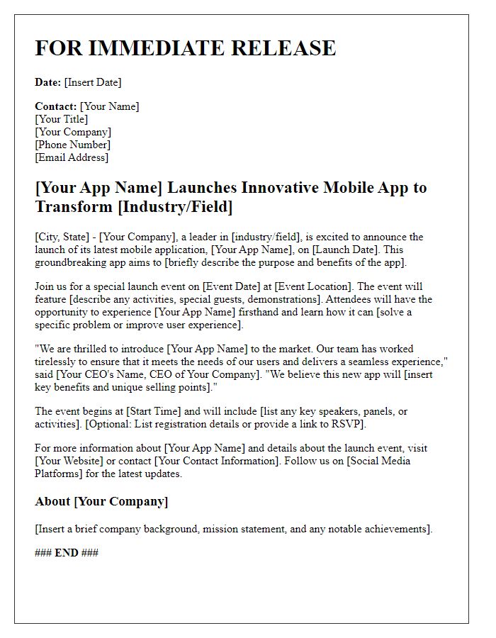 Letter template of event mobile app launch press release