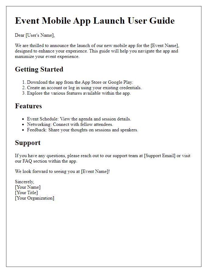 Letter template of event mobile app launch user guide