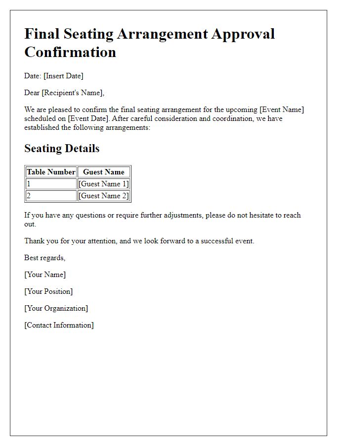 Letter template of final seating arrangement approval confirmation.