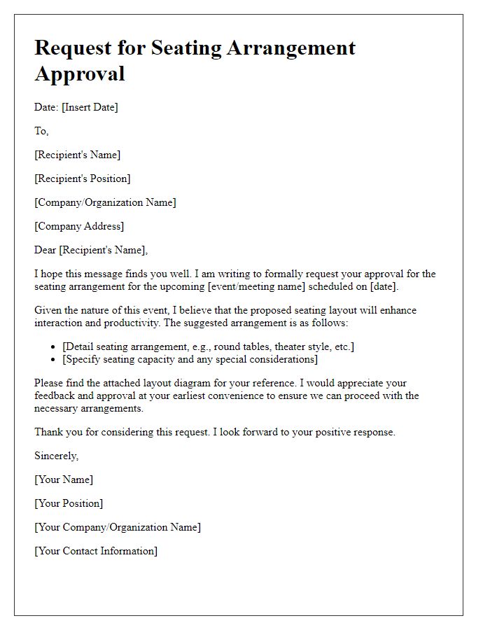 Letter template of request for seating arrangement approval.