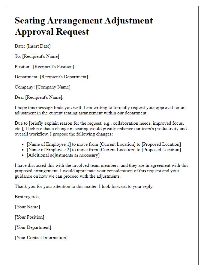 Letter template of seating arrangement adjustment approval request.