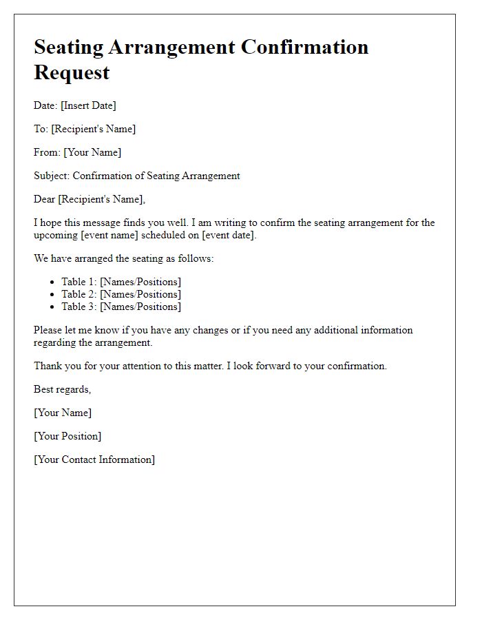 Letter template of seating arrangement confirmation request.