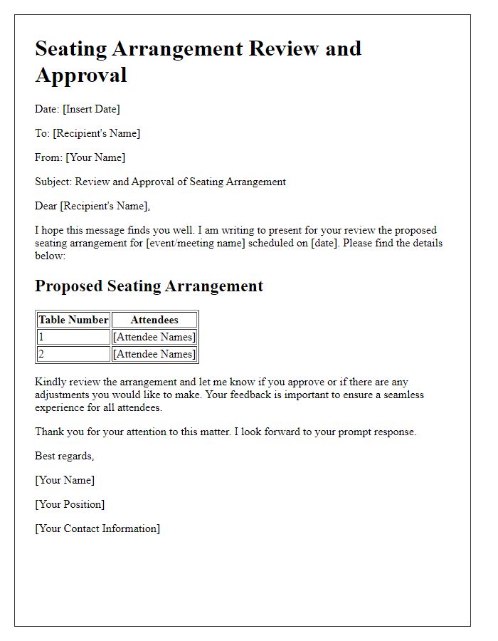 Letter template of seating arrangement review and approval.