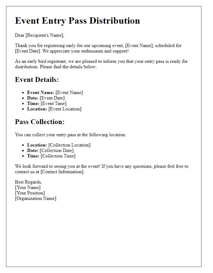 Letter template of event entry pass distribution for early bird registrants