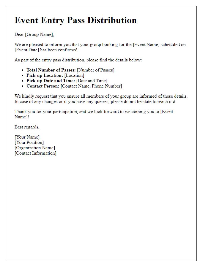 Letter template of event entry pass distribution for group bookings