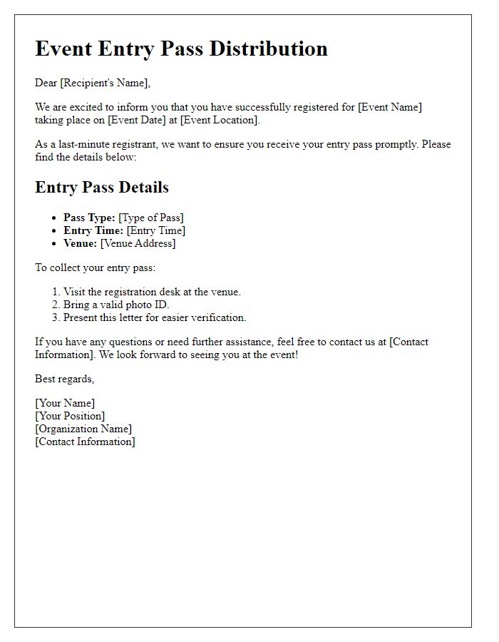 Letter template of event entry pass distribution for last-minute registrants