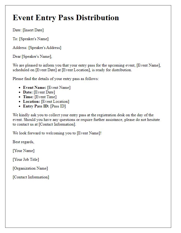 Letter template of event entry pass distribution for speakers