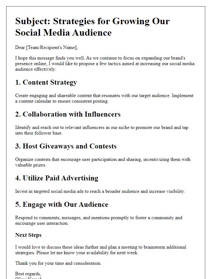 Letter template of audience growth tactics for social media