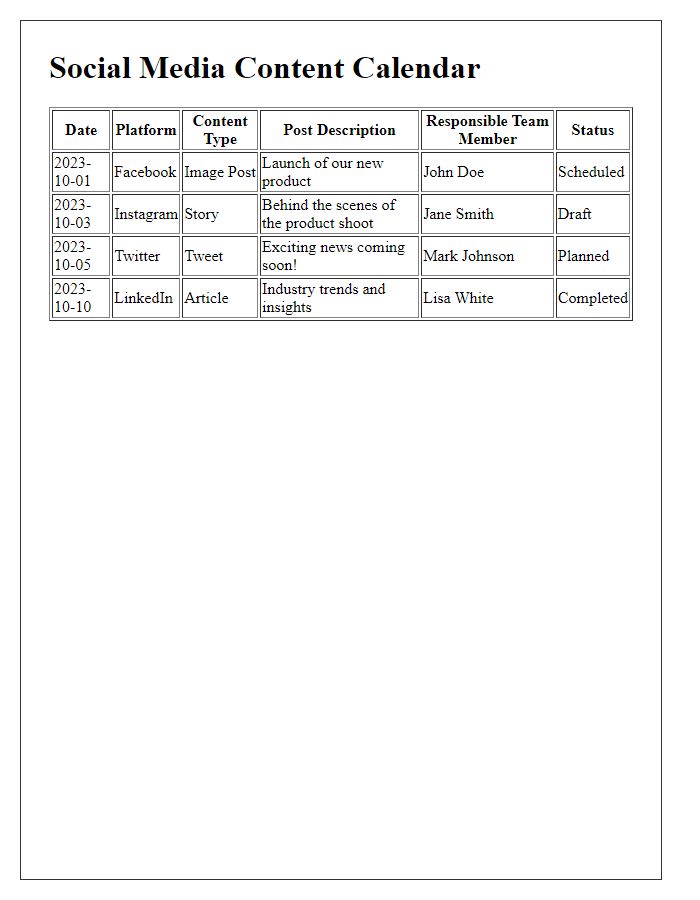 Letter template of content calendar for social media campaigns