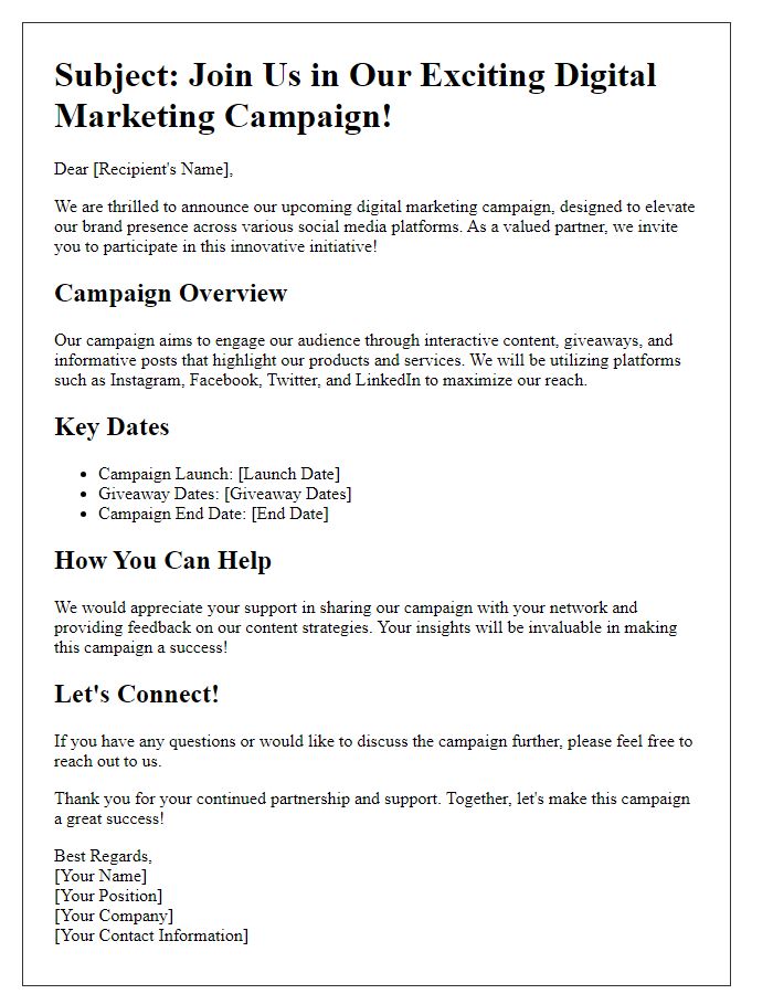 Letter template of digital marketing campaign on social platforms