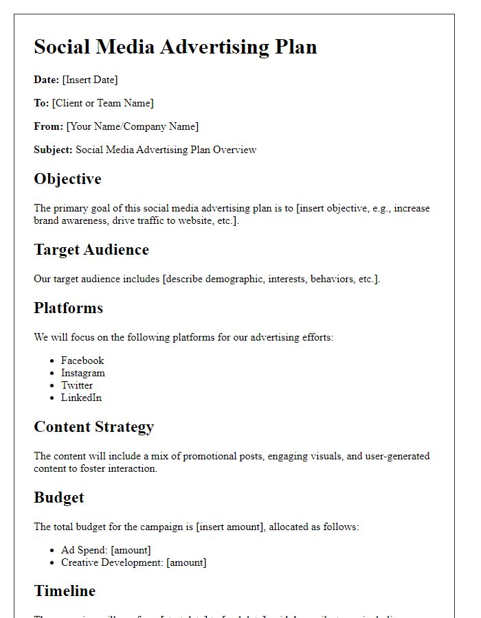 Letter template of social media advertising plan