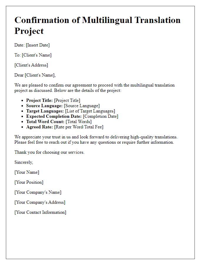 Letter template of confirmation for multilingual translation project