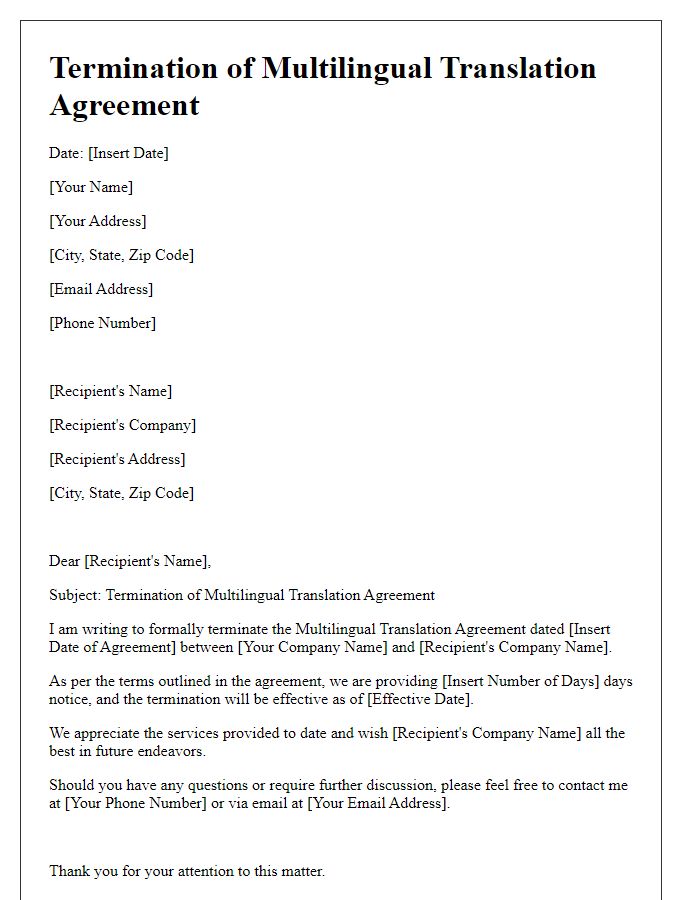 Letter template of termination for multilingual translation agreement