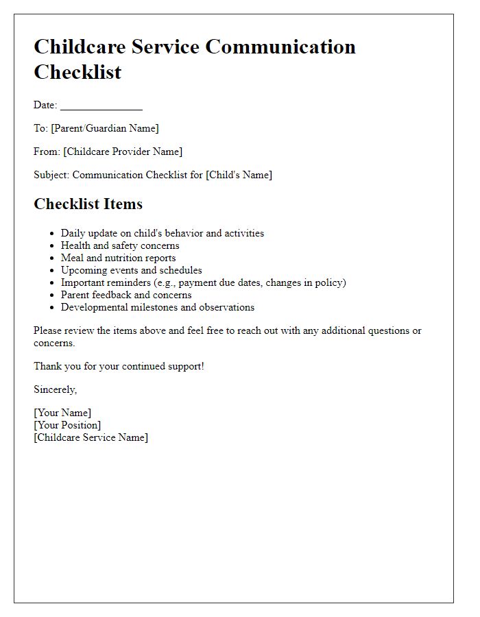 Letter template of childcare service communication checklist