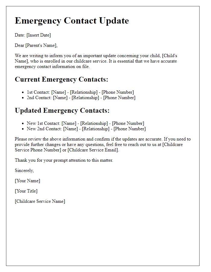 Letter template of childcare service emergency contact update