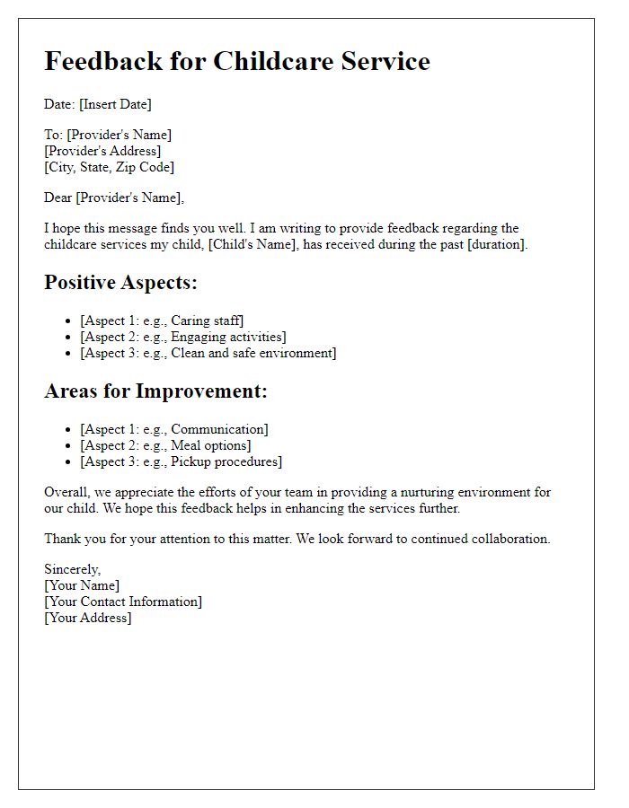 Letter template of childcare service feedback to provider