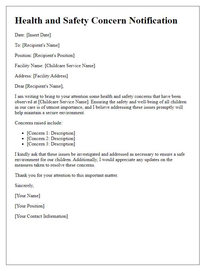 Letter template of childcare service health and safety concerns