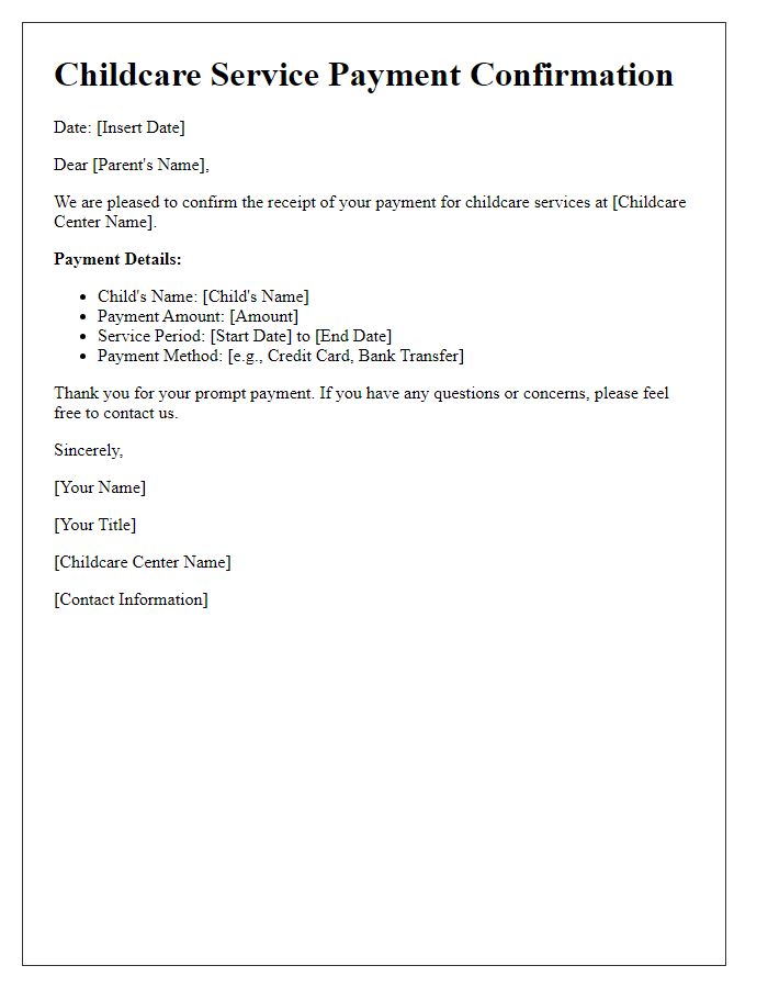 Letter template of childcare service payment confirmation