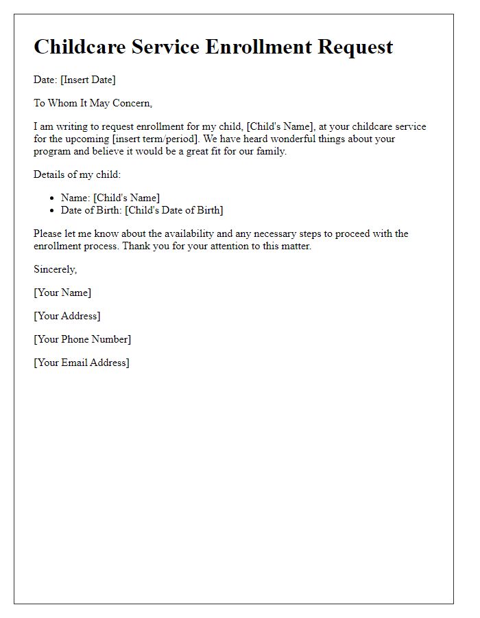 Letter template of childcare service request for enrollment