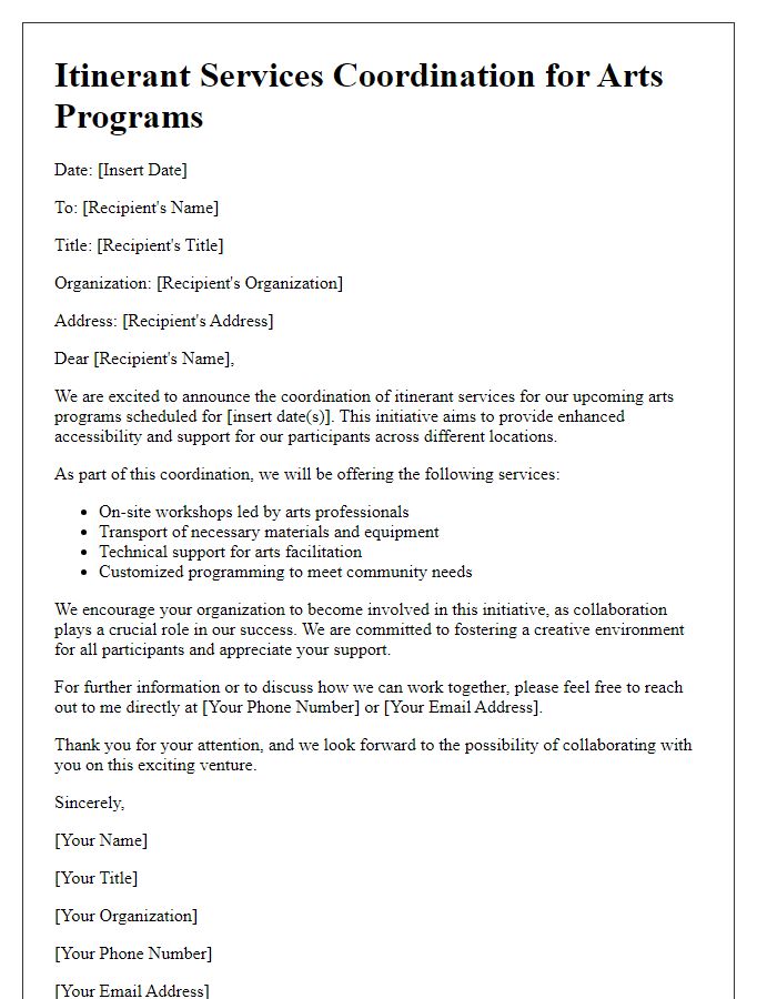 Letter template of itinerant services coordination for arts programs.