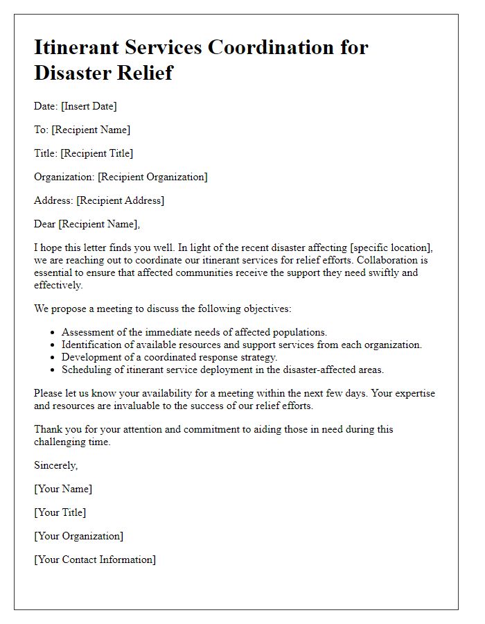 Letter template of itinerant services coordination for disaster relief efforts.