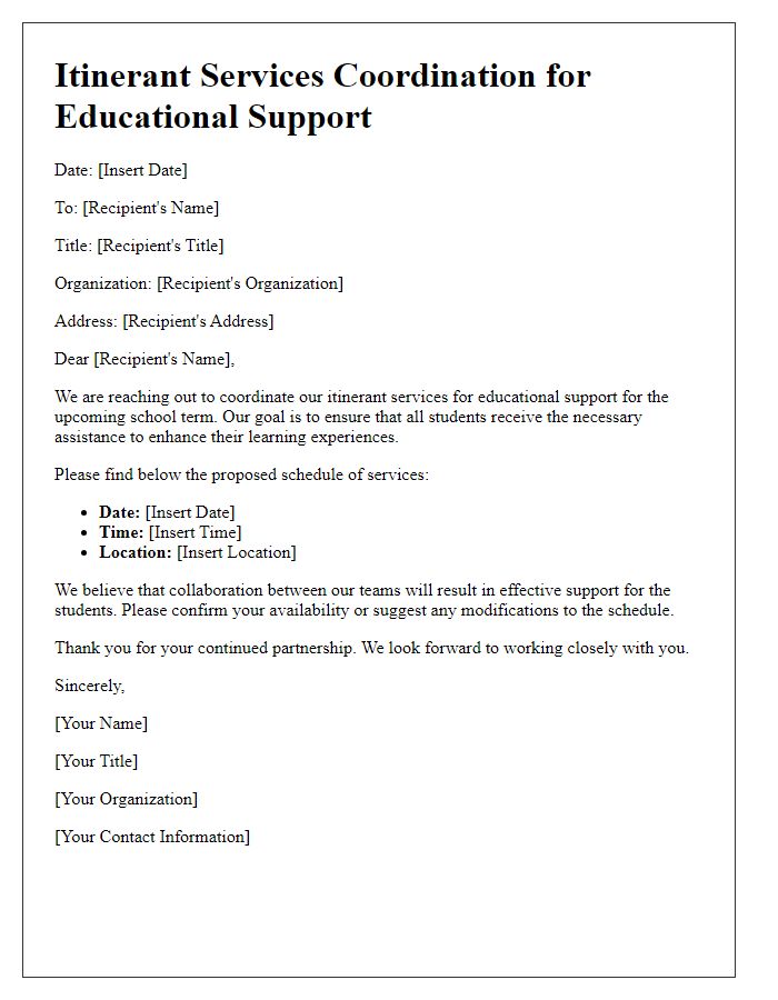 Letter template of itinerant services coordination for educational support.