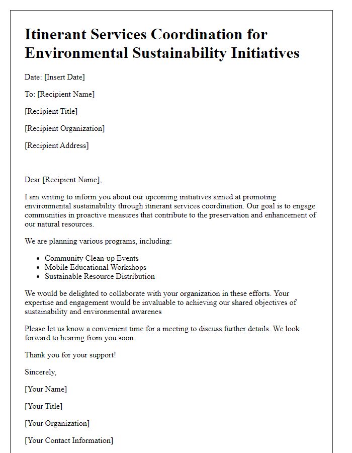 Letter template of itinerant services coordination for environmental sustainability initiatives.