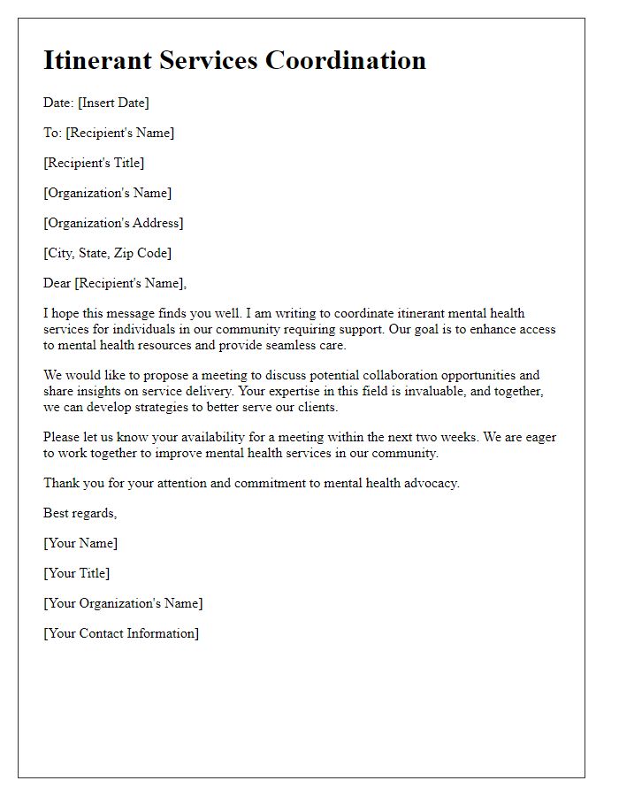 Letter template of itinerant services coordination for mental health services.