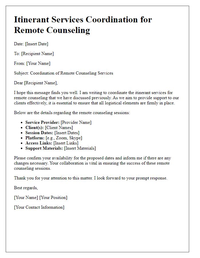 Letter template of itinerant services coordination for remote counseling.