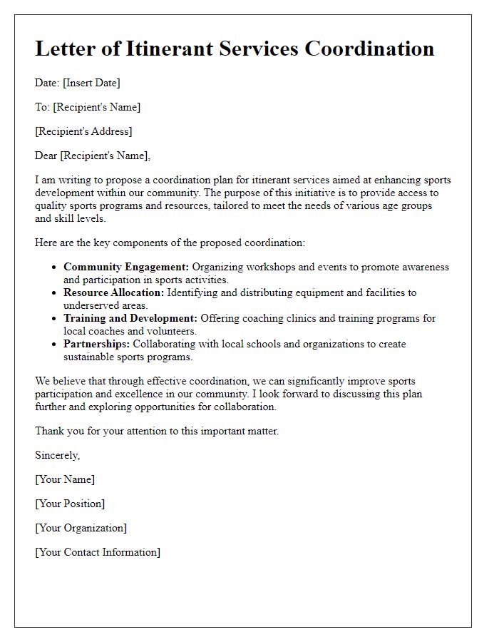 Letter template of itinerant services coordination for sports development.