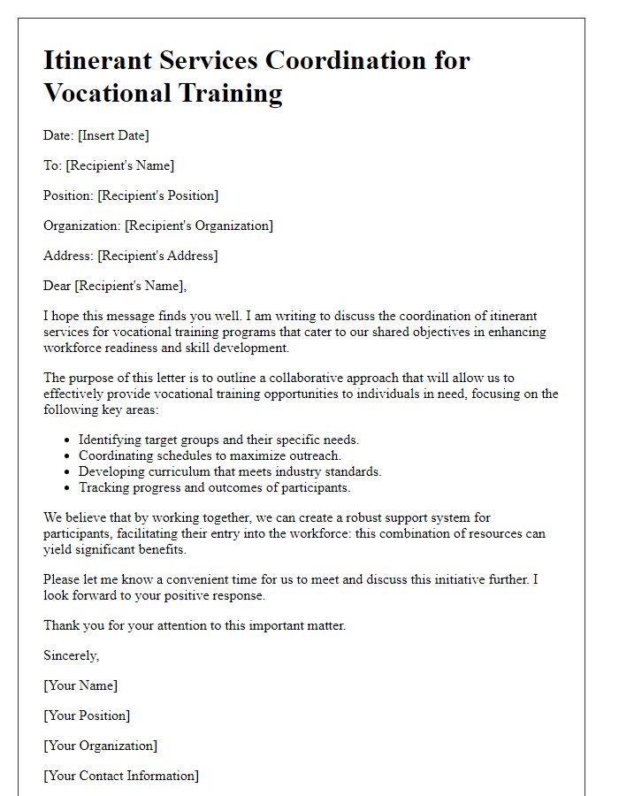 Letter template of itinerant services coordination for vocational training.