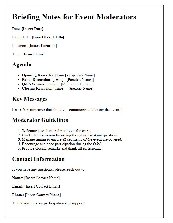 Letter template of briefing notes for event moderators