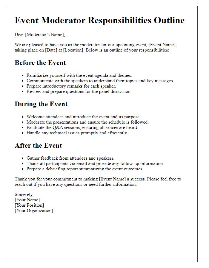 Letter template of event moderator responsibilities outline