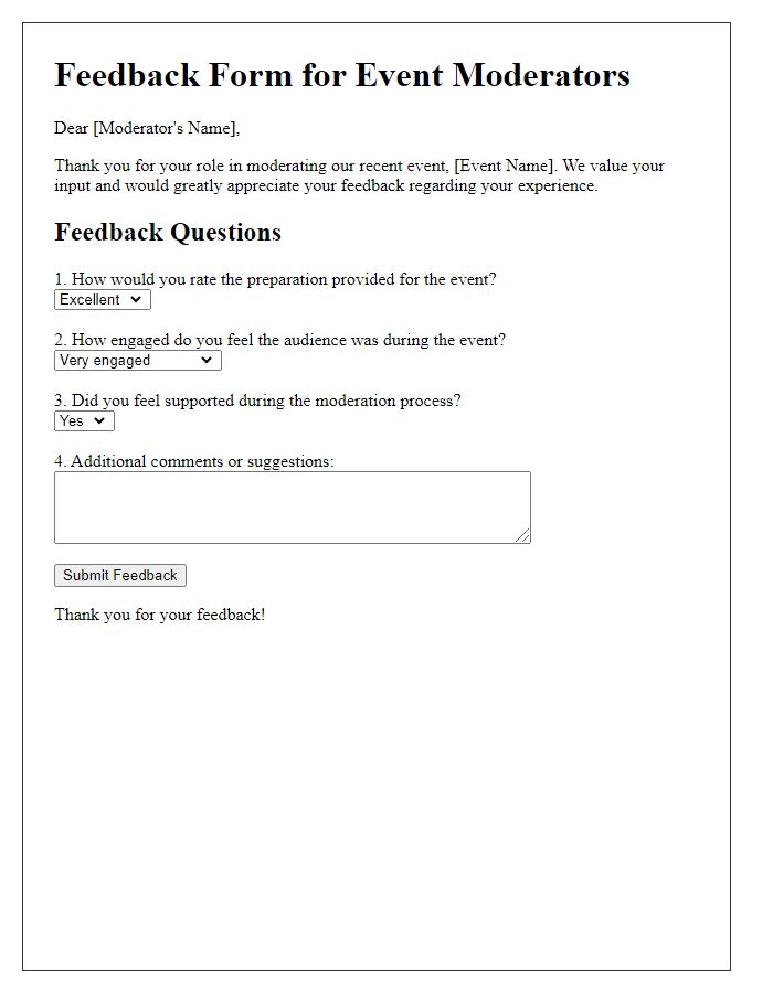 Letter template of feedback form for event moderators