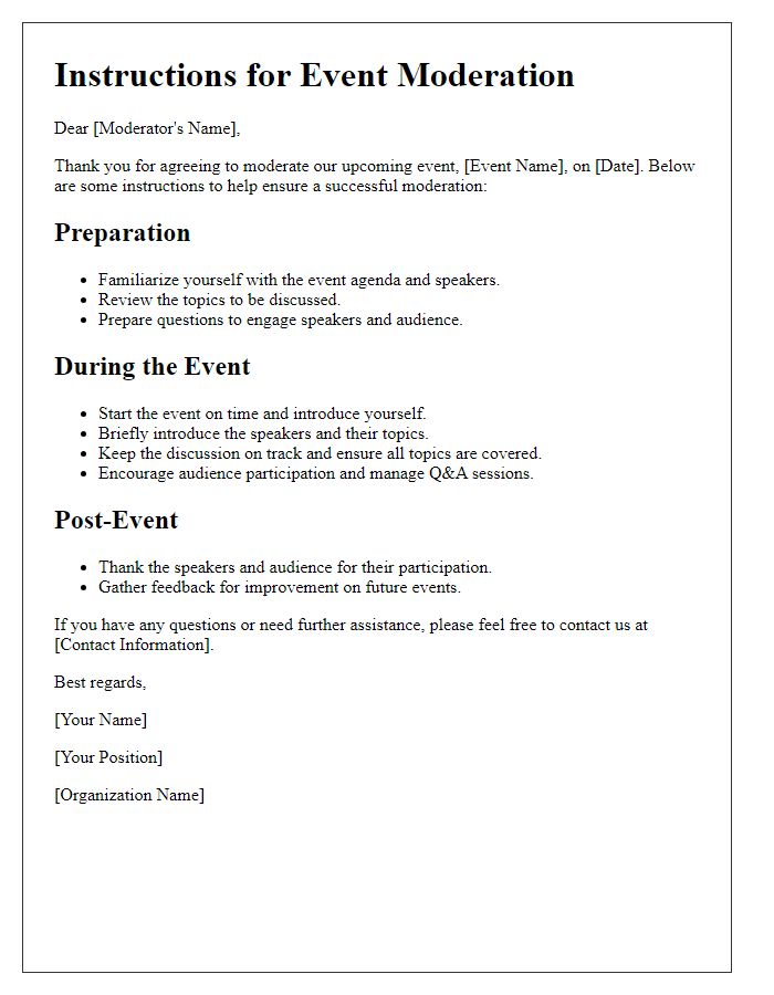 Letter template of instructions for event moderation