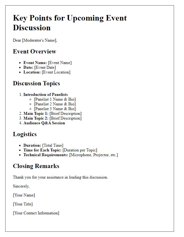 Letter template of key points for event moderator discussion