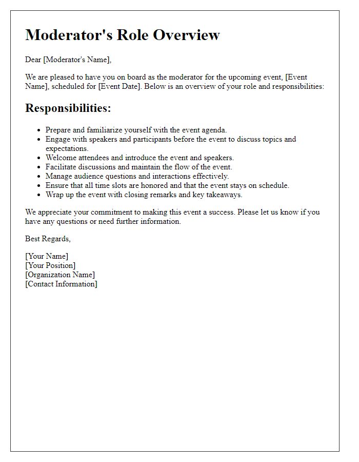 Letter template of moderator's role overview for events