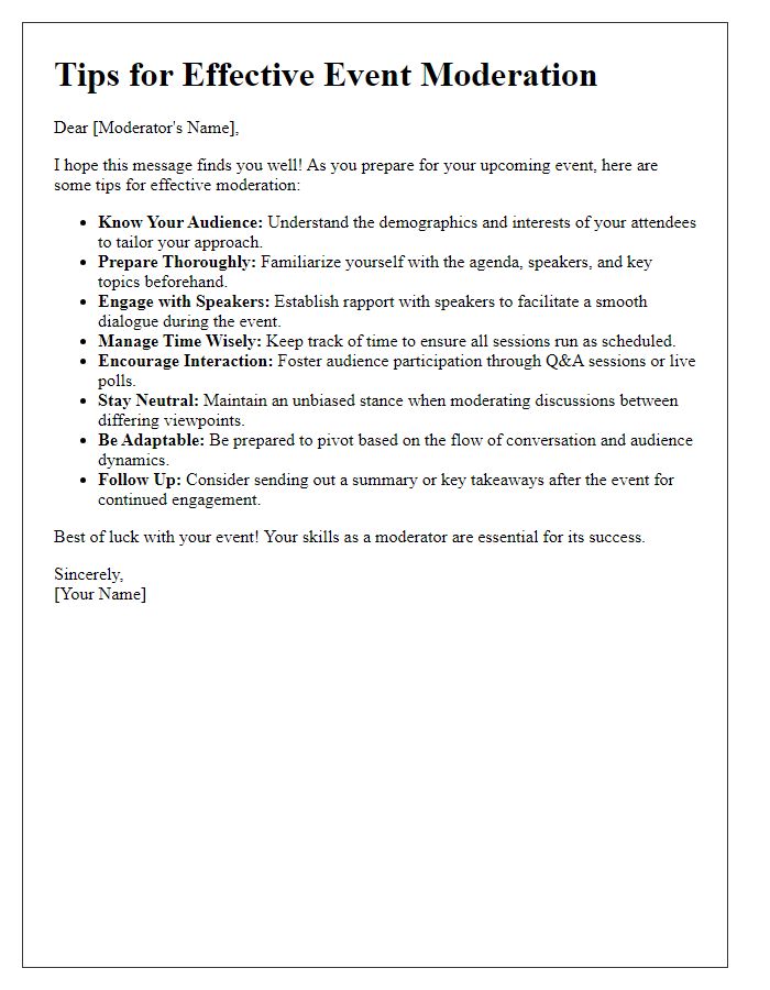 Letter template of tips for effective event moderation